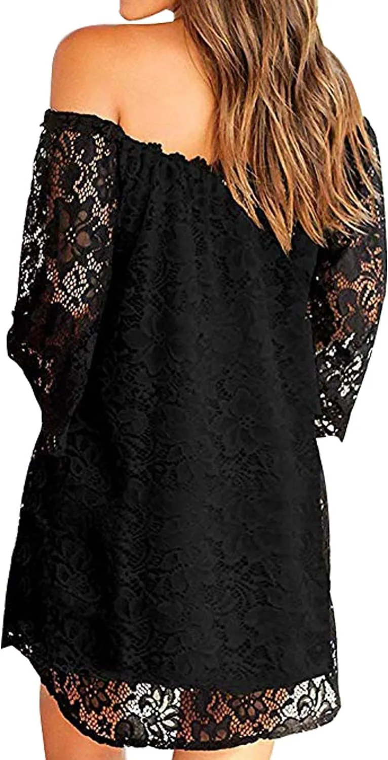 MIHOLL Women's Off Shoulder Lace Shift Loose Mini Dress