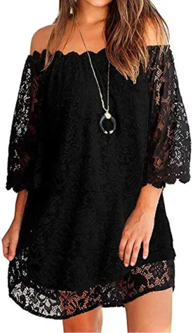 MIHOLL Women's Off Shoulder Lace Shift Loose Mini Dress