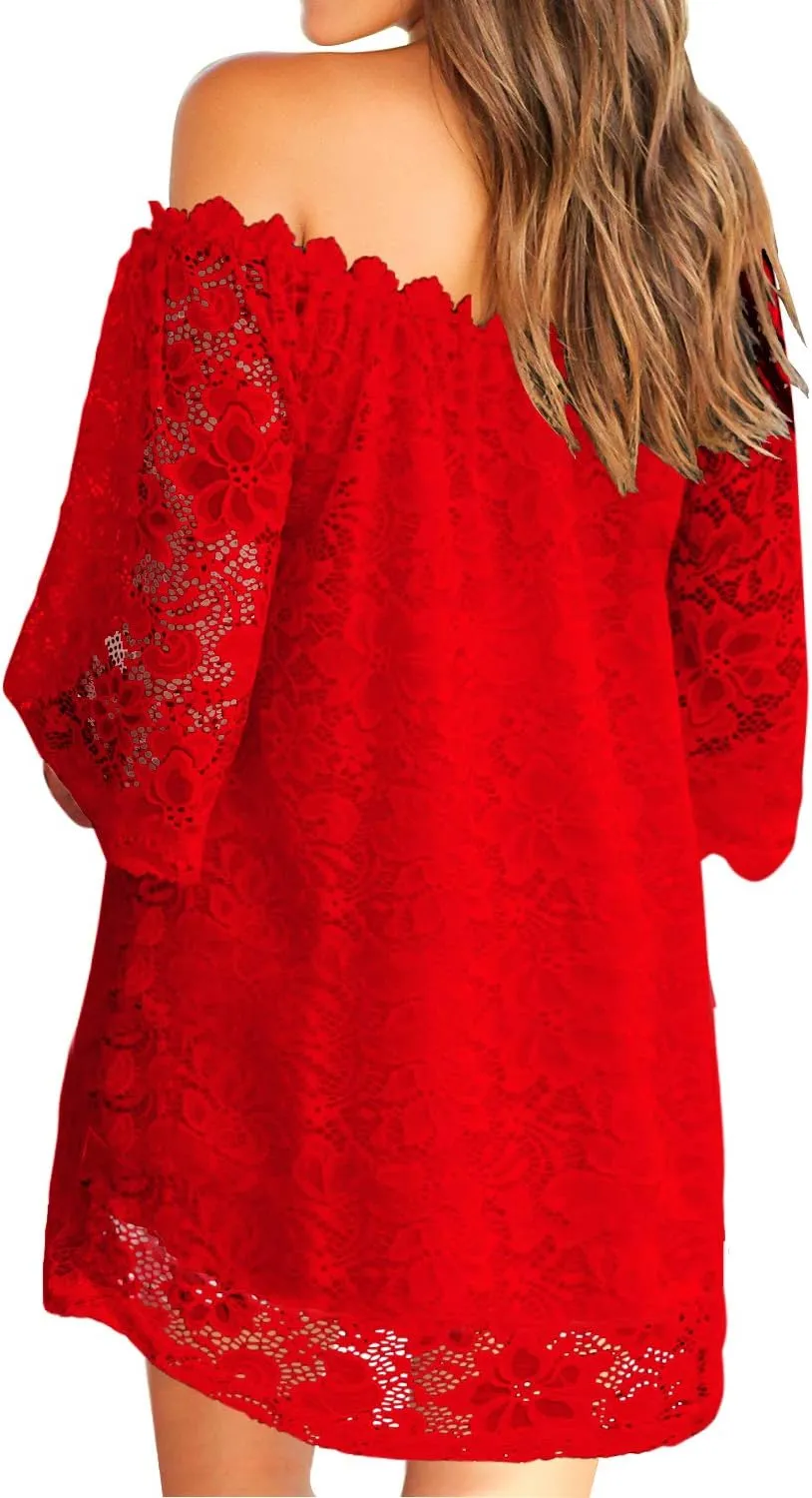 MIHOLL Women's Off Shoulder Lace Shift Loose Mini Dress