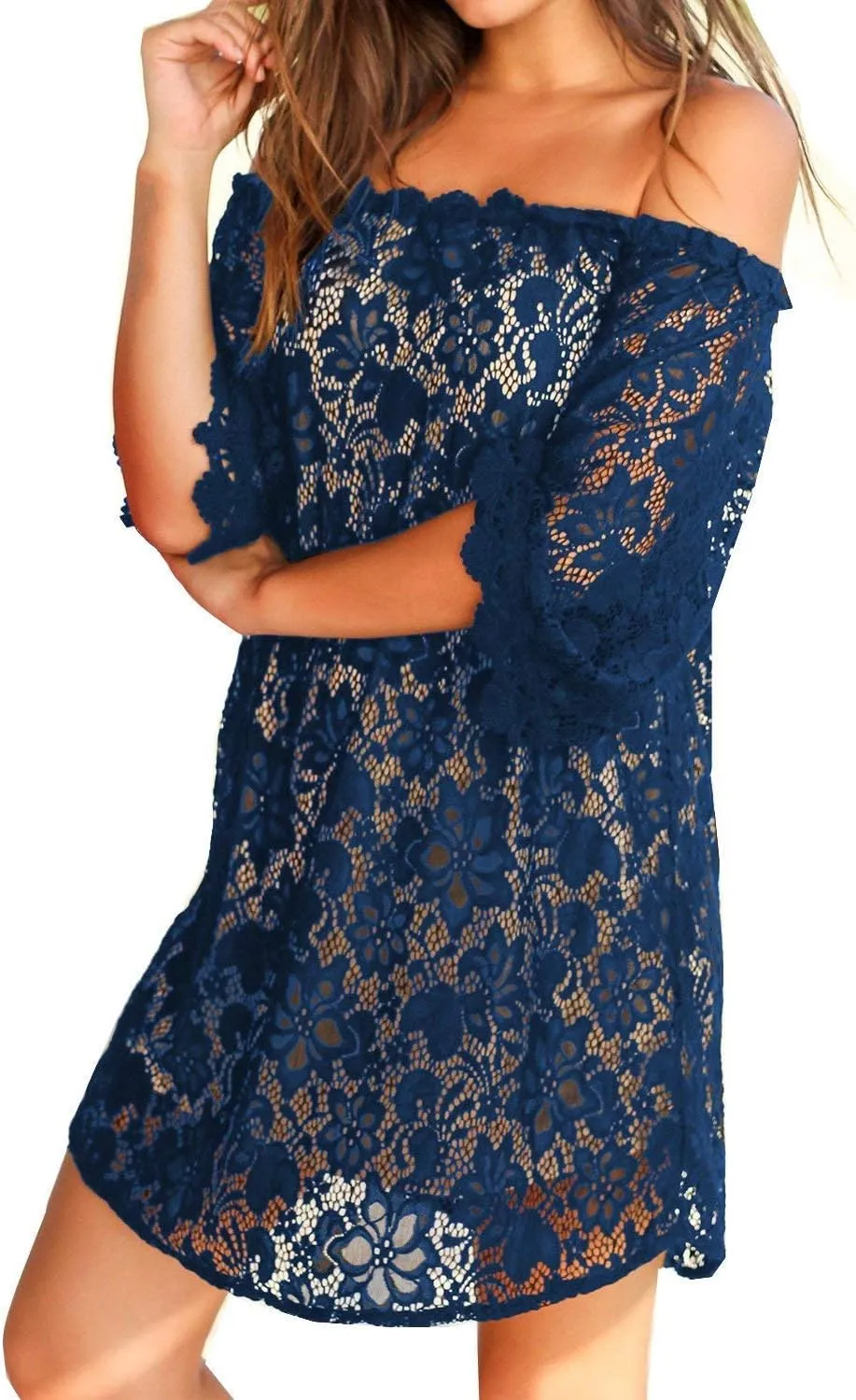 MIHOLL Women's Off Shoulder Lace Shift Loose Mini Dress
