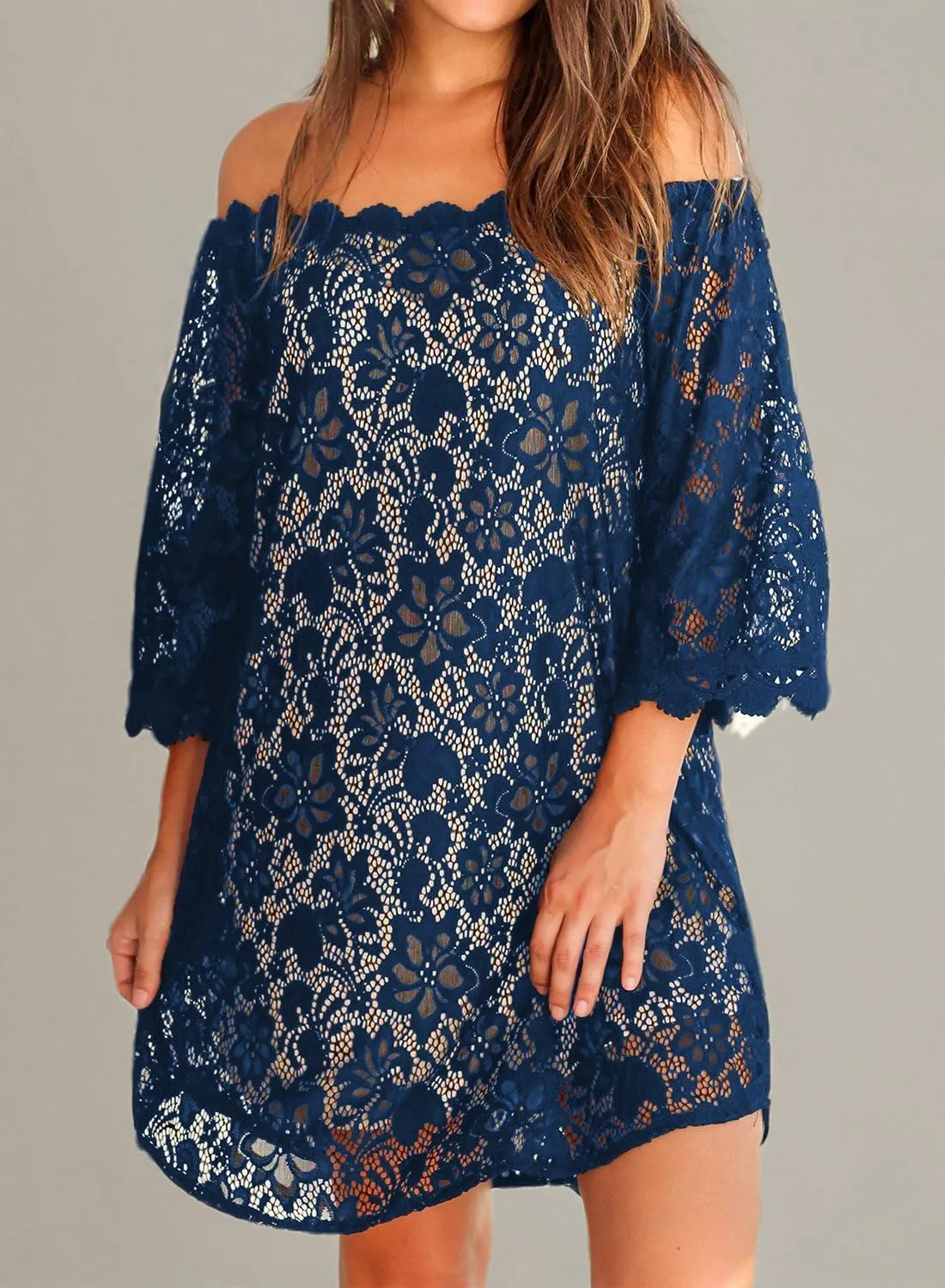 MIHOLL Women's Off Shoulder Lace Shift Loose Mini Dress