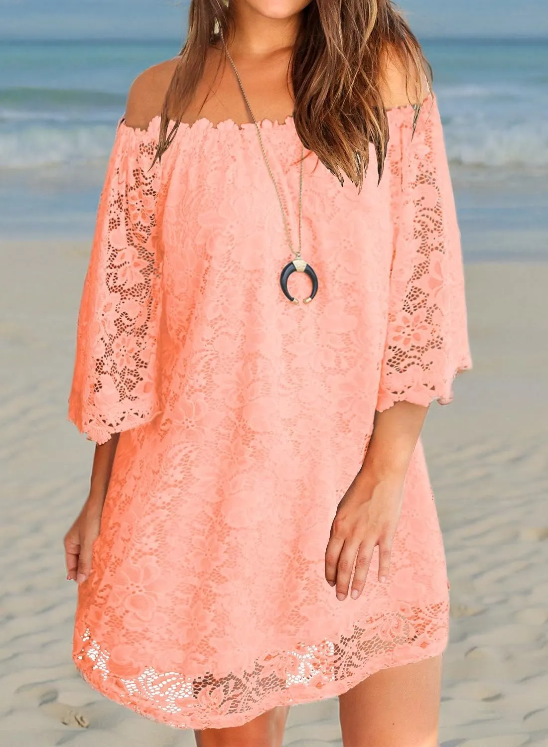 MIHOLL Women's Off Shoulder Lace Shift Loose Mini Dress
