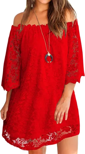 MIHOLL Women's Off Shoulder Lace Shift Loose Mini Dress