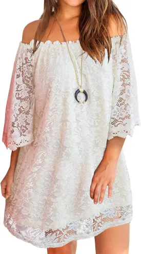 MIHOLL Women's Off Shoulder Lace Shift Loose Mini Dress