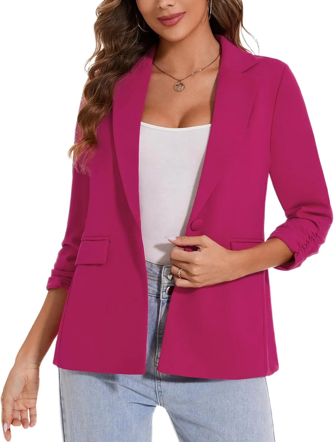 MINTLIMIT Womens Blazer 3/4 Ruched Sleeve Notch Lapel Business Work Blazers One Button Open Front Casual Jackets with Pockets