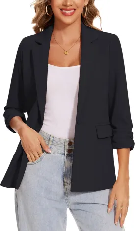MINTLIMIT Womens Blazer 3/4 Ruched Sleeve Notch Lapel Business Work Blazers One Button Open Front Casual Jackets with Pockets