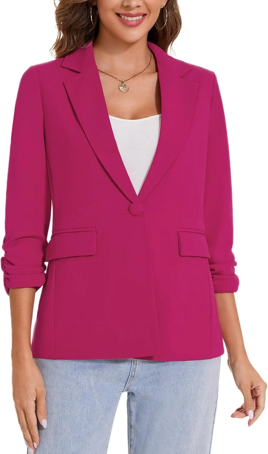 MINTLIMIT Womens Blazer 3/4 Ruched Sleeve Notch Lapel Business Work Blazers One Button Open Front Casual Jackets with Pockets