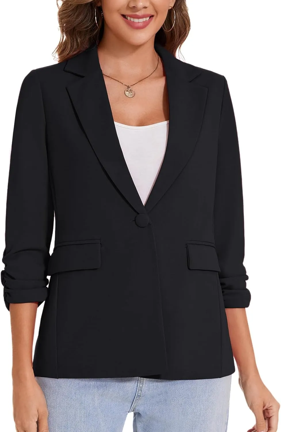 MINTLIMIT Womens Blazer 3/4 Ruched Sleeve Notch Lapel Business Work Blazers One Button Open Front Casual Jackets with Pockets
