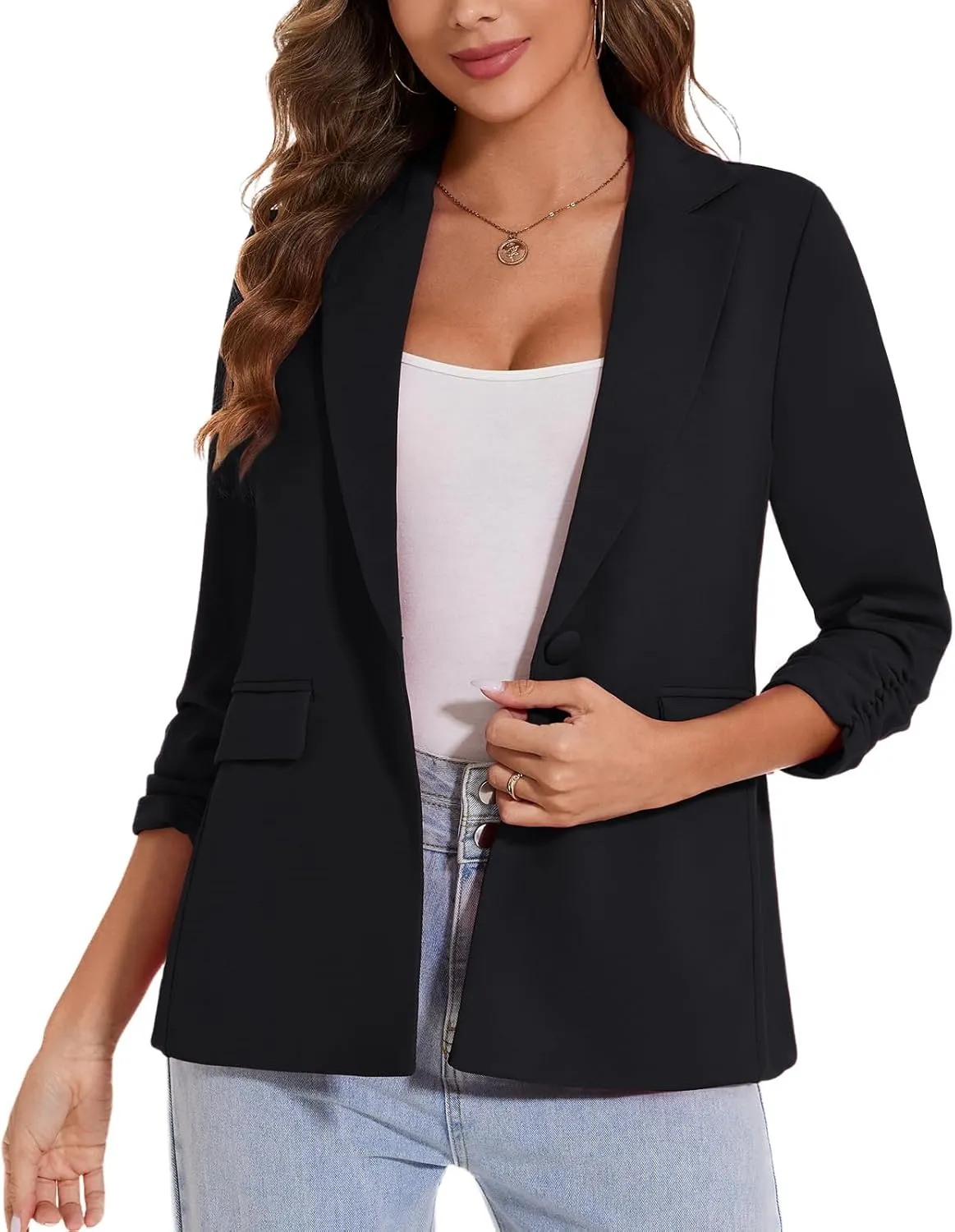 MINTLIMIT Womens Blazer 3/4 Ruched Sleeve Notch Lapel Business Work Blazers One Button Open Front Casual Jackets with Pockets