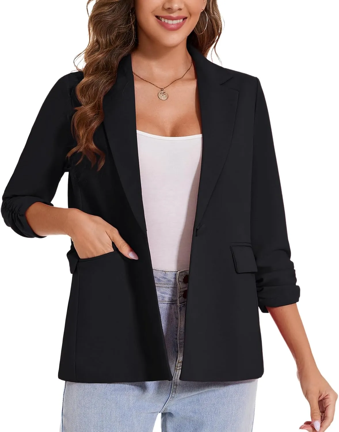 MINTLIMIT Womens Blazer 3/4 Ruched Sleeve Notch Lapel Business Work Blazers One Button Open Front Casual Jackets with Pockets