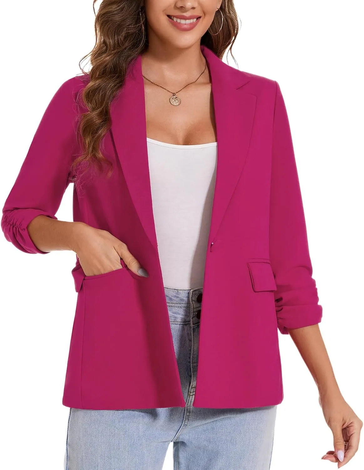 MINTLIMIT Womens Blazer 3/4 Ruched Sleeve Notch Lapel Business Work Blazers One Button Open Front Casual Jackets with Pockets