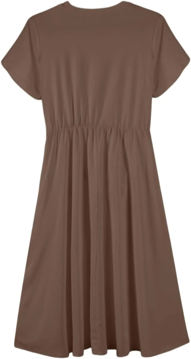 NBXNZWF Women 2025 Summer Dress Short Sleeve Crewneck Belt Midi Dress Floral Print Elegant A Line T-Shirt Dress with Pockets