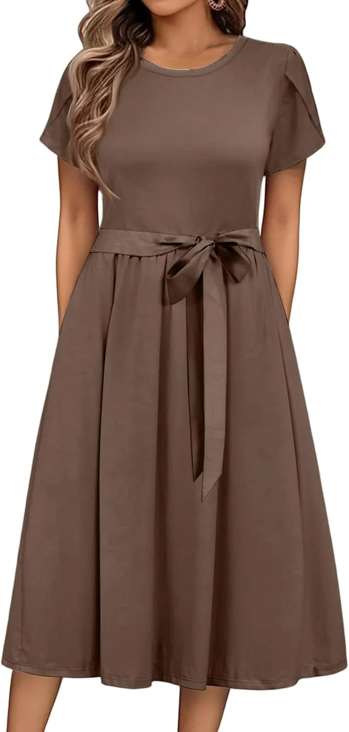 NBXNZWF Women 2025 Summer Dress Short Sleeve Crewneck Belt Midi Dress Floral Print Elegant A Line T-Shirt Dress with Pockets