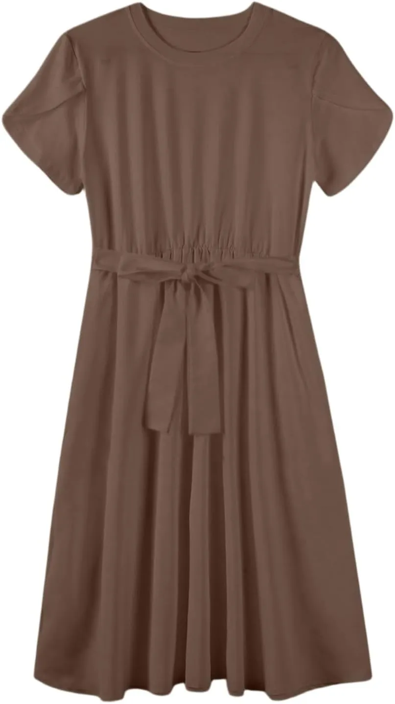 NBXNZWF Women 2025 Summer Dress Short Sleeve Crewneck Belt Midi Dress Floral Print Elegant A Line T-Shirt Dress with Pockets