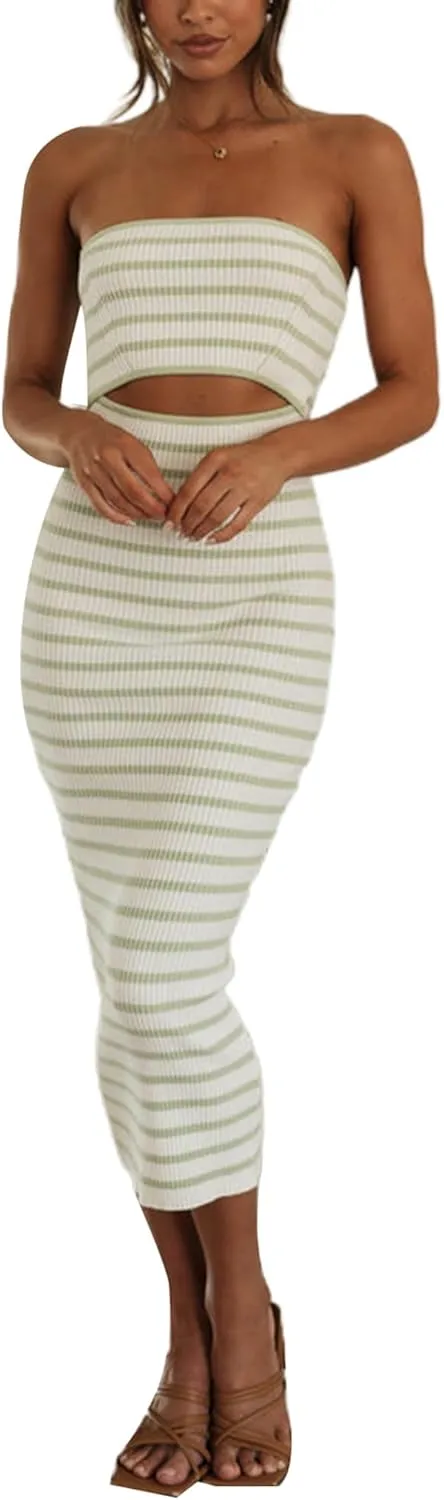 NUFIWI Women Summer Strapless Knitted Long Dress Off Shoulder Striped Cutout Midi Dress Bodycon Backless Beach Sun Dress