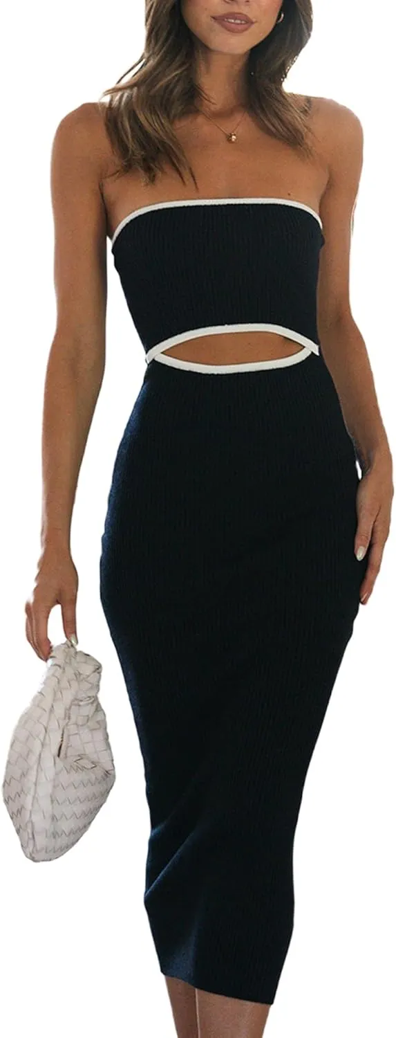 NUFIWI Women Summer Strapless Knitted Long Dress Off Shoulder Striped Cutout Midi Dress Bodycon Backless Beach Sun Dress