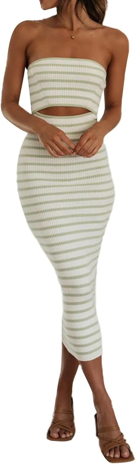 NUFIWI Women Summer Strapless Knitted Long Dress Off Shoulder Striped Cutout Midi Dress Bodycon Backless Beach Sun Dress