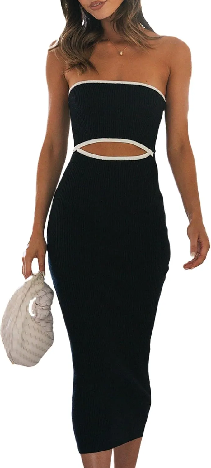 NUFIWI Women Summer Strapless Knitted Long Dress Off Shoulder Striped Cutout Midi Dress Bodycon Backless Beach Sun Dress