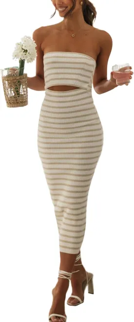 NUFIWI Women Summer Strapless Knitted Long Dress Off Shoulder Striped Cutout Midi Dress Bodycon Backless Beach Sun Dress