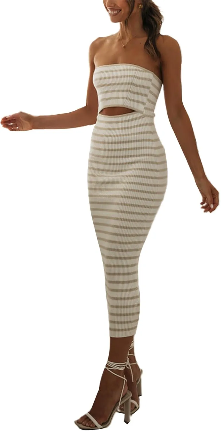 NUFIWI Women Summer Strapless Knitted Long Dress Off Shoulder Striped Cutout Midi Dress Bodycon Backless Beach Sun Dress