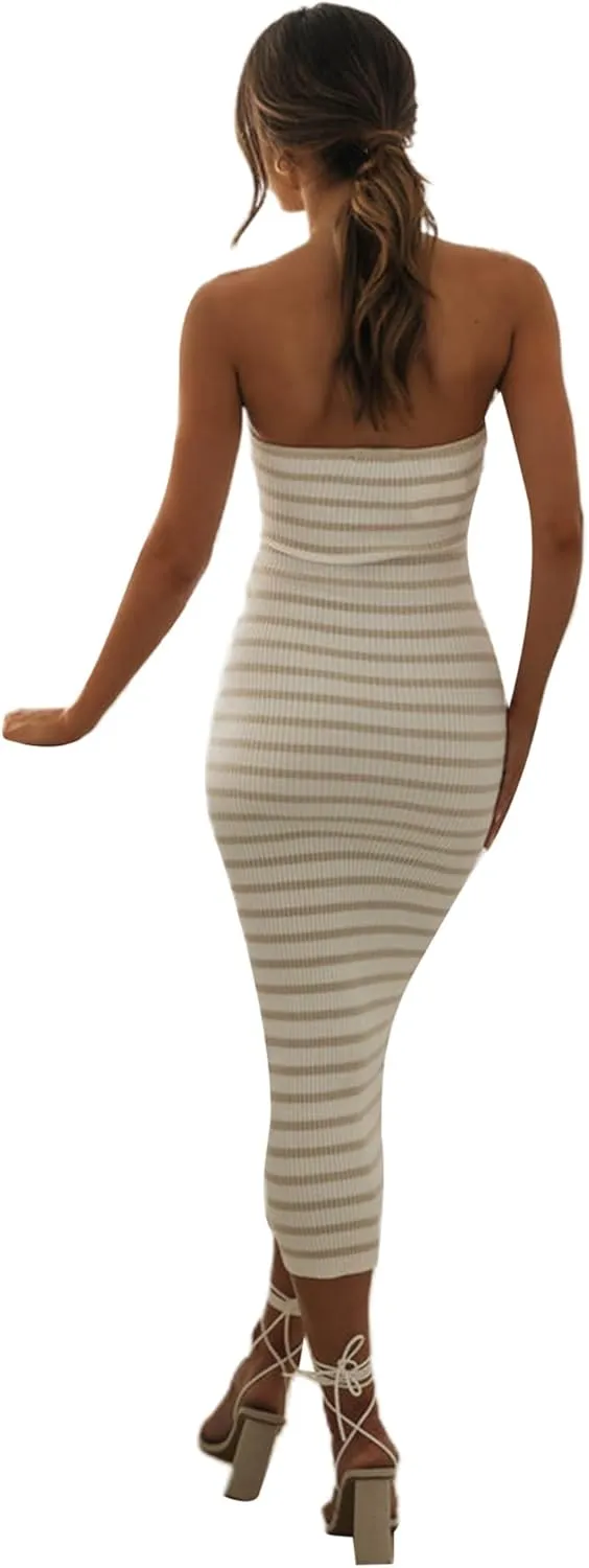 NUFIWI Women Summer Strapless Knitted Long Dress Off Shoulder Striped Cutout Midi Dress Bodycon Backless Beach Sun Dress