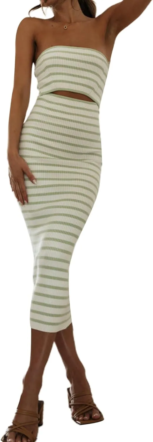 NUFIWI Women Summer Strapless Knitted Long Dress Off Shoulder Striped Cutout Midi Dress Bodycon Backless Beach Sun Dress