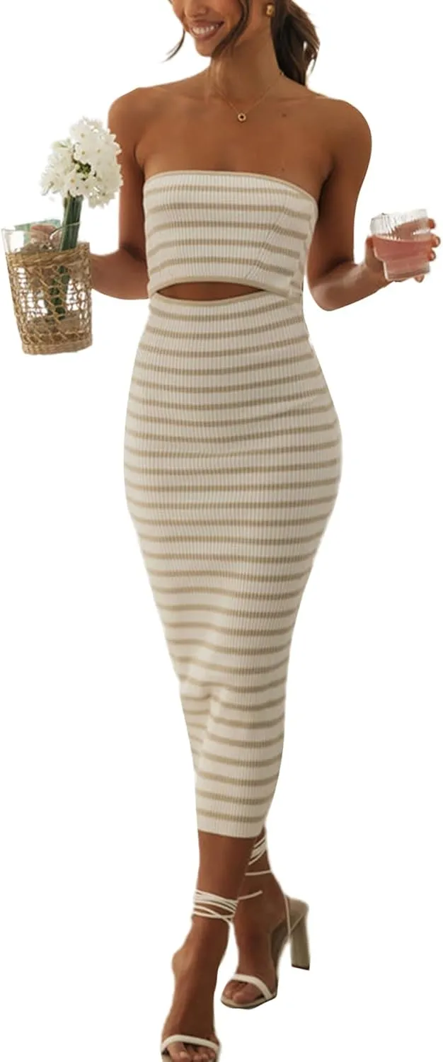 NUFIWI Women Summer Strapless Knitted Long Dress Off Shoulder Striped Cutout Midi Dress Bodycon Backless Beach Sun Dress