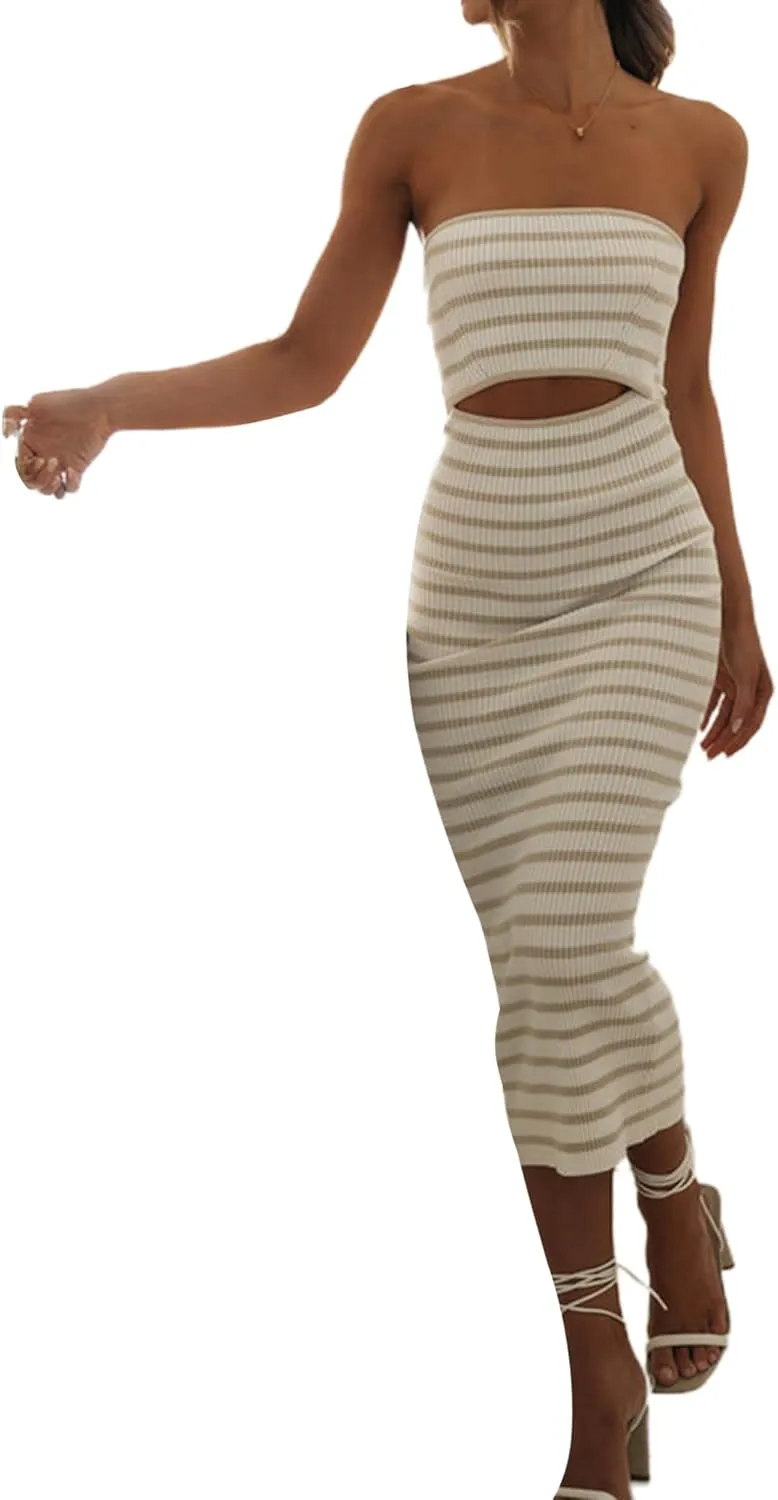 NUFIWI Women Summer Strapless Knitted Long Dress Off Shoulder Striped Cutout Midi Dress Bodycon Backless Beach Sun Dress