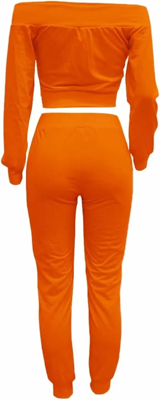OLUOLIN Women Sexy Long Sleeve Two Pieces Outfits Tracksuit Lace Up Off Shoulder Casual Sweatsuit