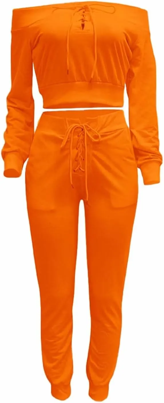 OLUOLIN Women Sexy Long Sleeve Two Pieces Outfits Tracksuit Lace Up Off Shoulder Casual Sweatsuit