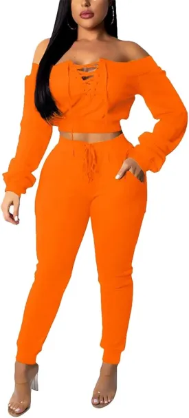 OLUOLIN Women Sexy Long Sleeve Two Pieces Outfits Tracksuit Lace Up Off Shoulder Casual Sweatsuit
