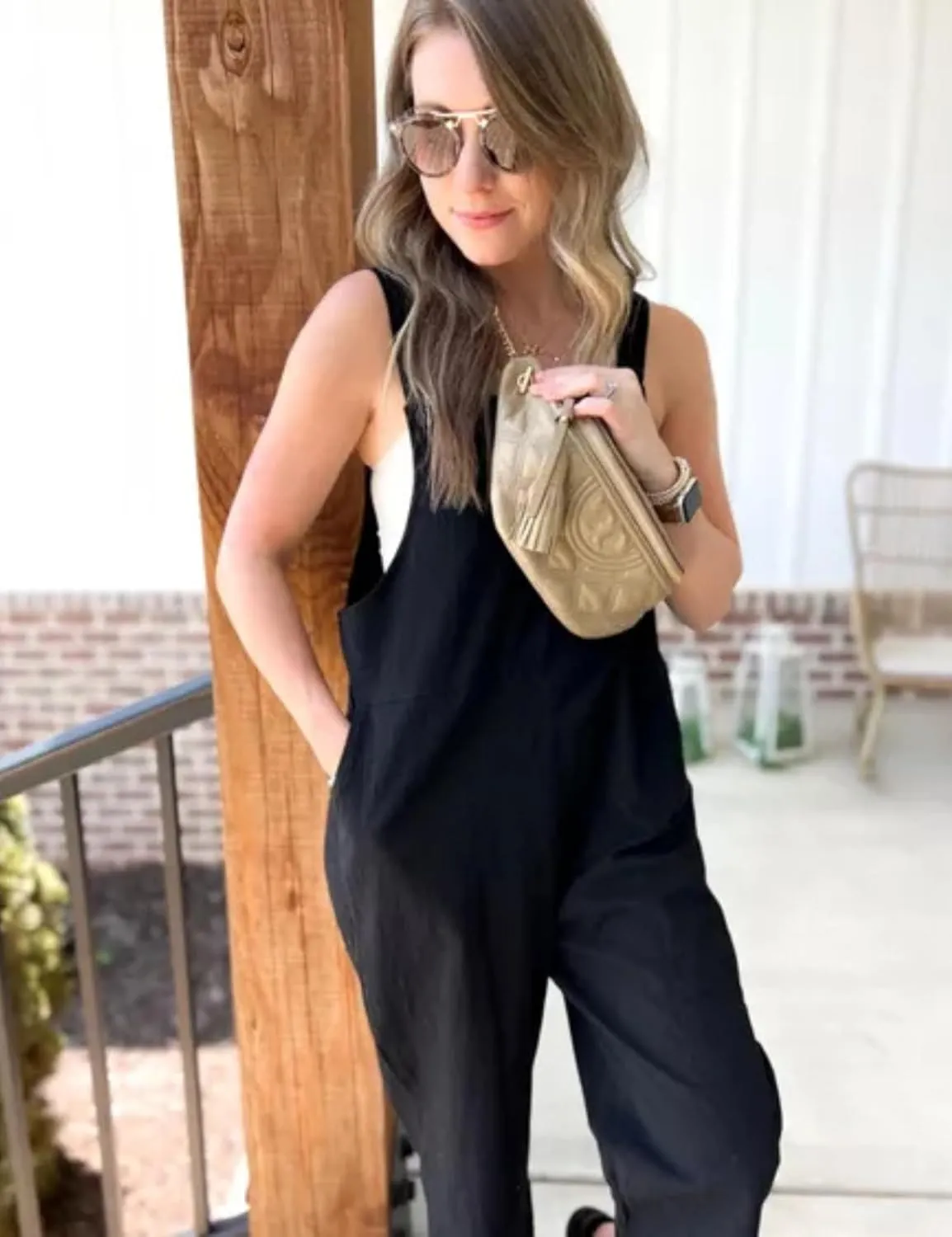 Omoone Women Sleeveless Cotton Straps Baggy Jumpsuit Overalls Casual Summer Bib Rompers Pockets