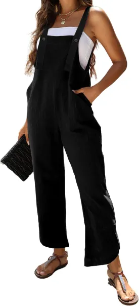 Omoone Women Sleeveless Cotton Straps Baggy Jumpsuit Overalls Casual Summer Bib Rompers Pockets