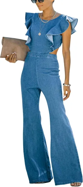 Omoone Womens Flared Denim Overalls Jumpsuit Ruffle Sleeves Backless Stretchy Blue Jean Romper