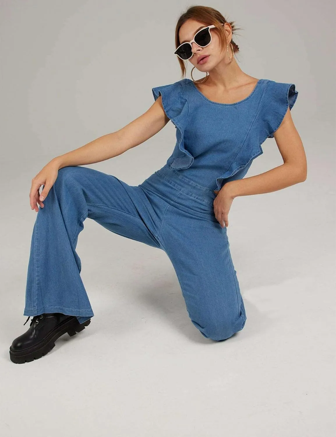 Omoone Womens Flared Denim Overalls Jumpsuit Ruffle Sleeves Backless Stretchy Blue Jean Romper