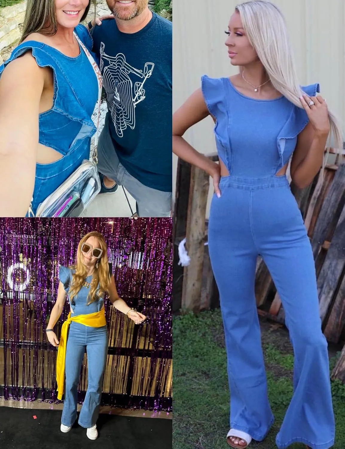 Omoone Womens Flared Denim Overalls Jumpsuit Ruffle Sleeves Backless Stretchy Blue Jean Romper