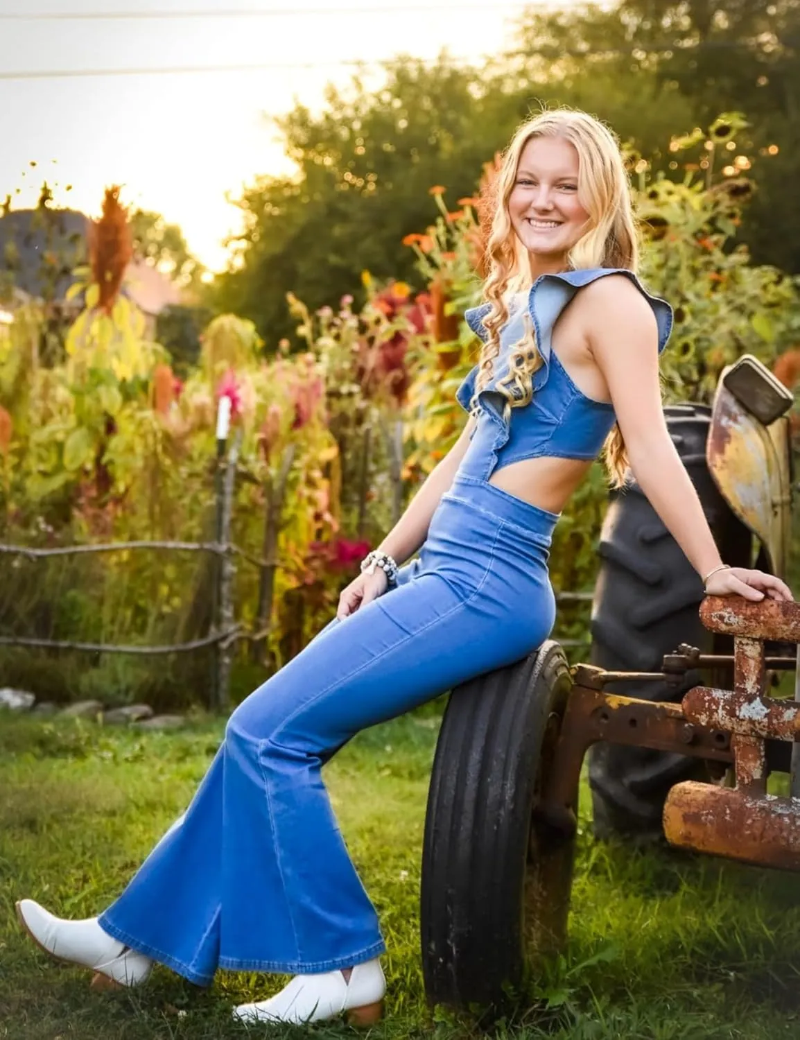Omoone Womens Flared Denim Overalls Jumpsuit Ruffle Sleeves Backless Stretchy Blue Jean Romper