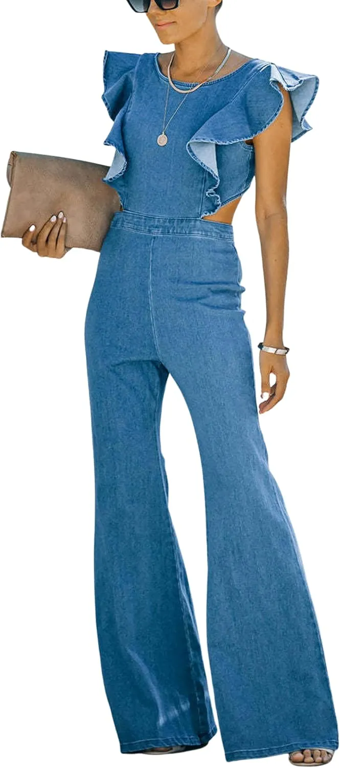 Omoone Womens Flared Denim Overalls Jumpsuit Ruffle Sleeves Backless Stretchy Blue Jean Romper