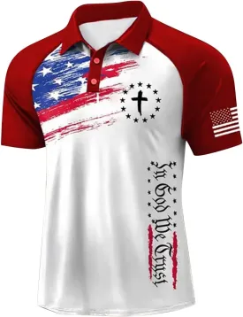Patriotic Polo Shirts for Men in GOD WE Trust Christian Faith Cross Star Striped Golf Tshirts Raglan Sleeve Work Tops