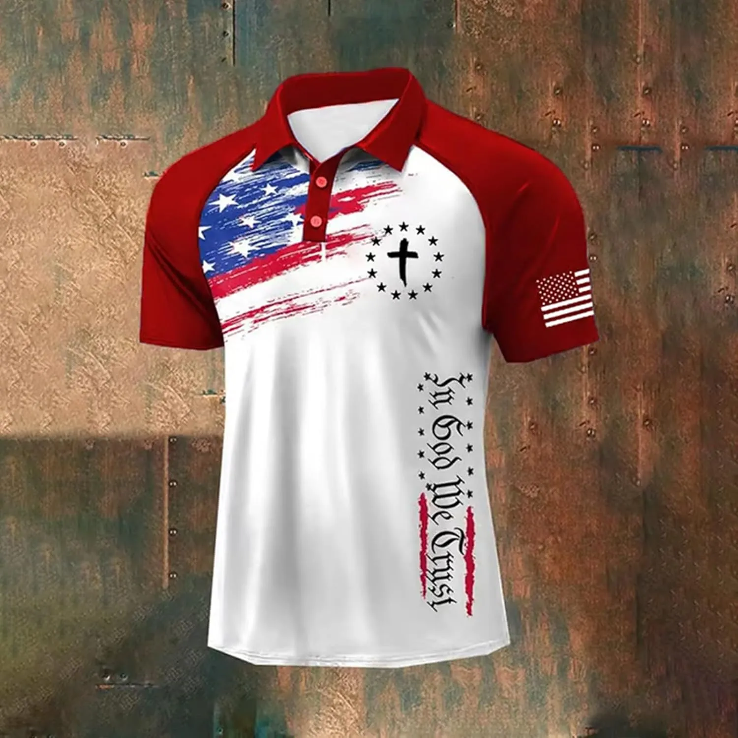 Patriotic Polo Shirts for Men in GOD WE Trust Christian Faith Cross Star Striped Golf Tshirts Raglan Sleeve Work Tops