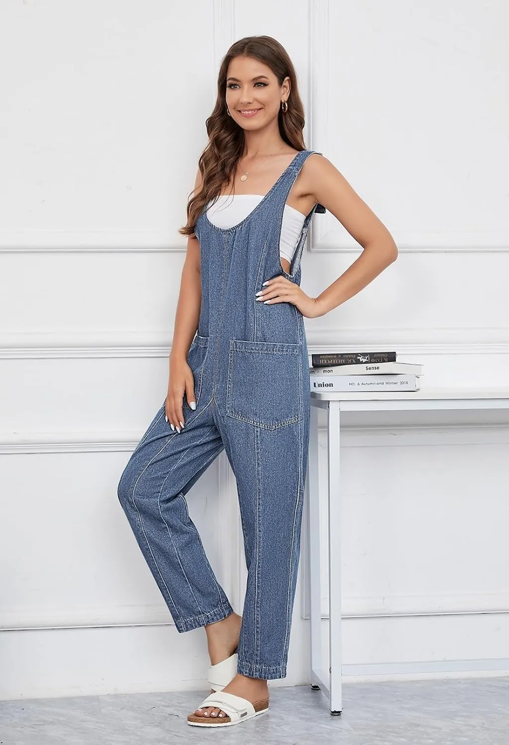 Pink Queen Denim Jumpsuits for Women 2025 Casual Loose Sleeveless Overalls High Waist Baggy Jeans Pants Jumpers with Pockets