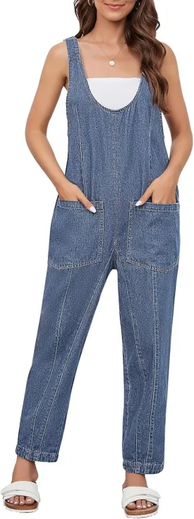 Pink Queen Denim Jumpsuits for Women 2025 Casual Loose Sleeveless Overalls High Waist Baggy Jeans Pants Jumpers with Pockets