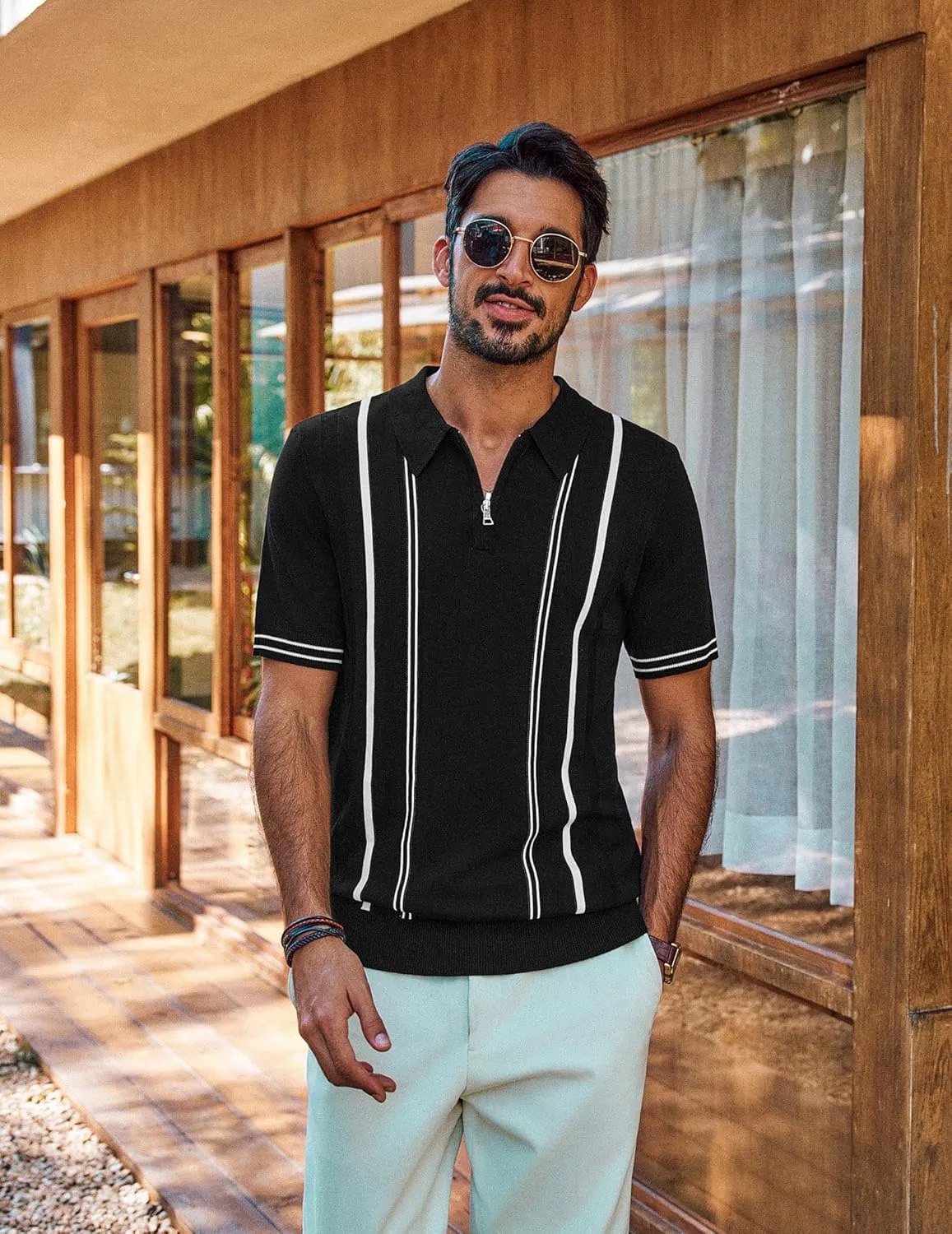 PJ PAUL JONES Mens Polo Shirts Quarter Zip Knit Shirt Vintage Short Sleeve Summer Shirt