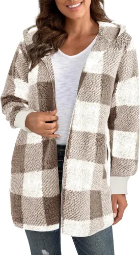 Plaid Shacket Women Long Sleeve Hooded Sherpa Fleece Jacket Fuzzy Open Front Cardigan Sweaters Winter Warm Teddy Coat