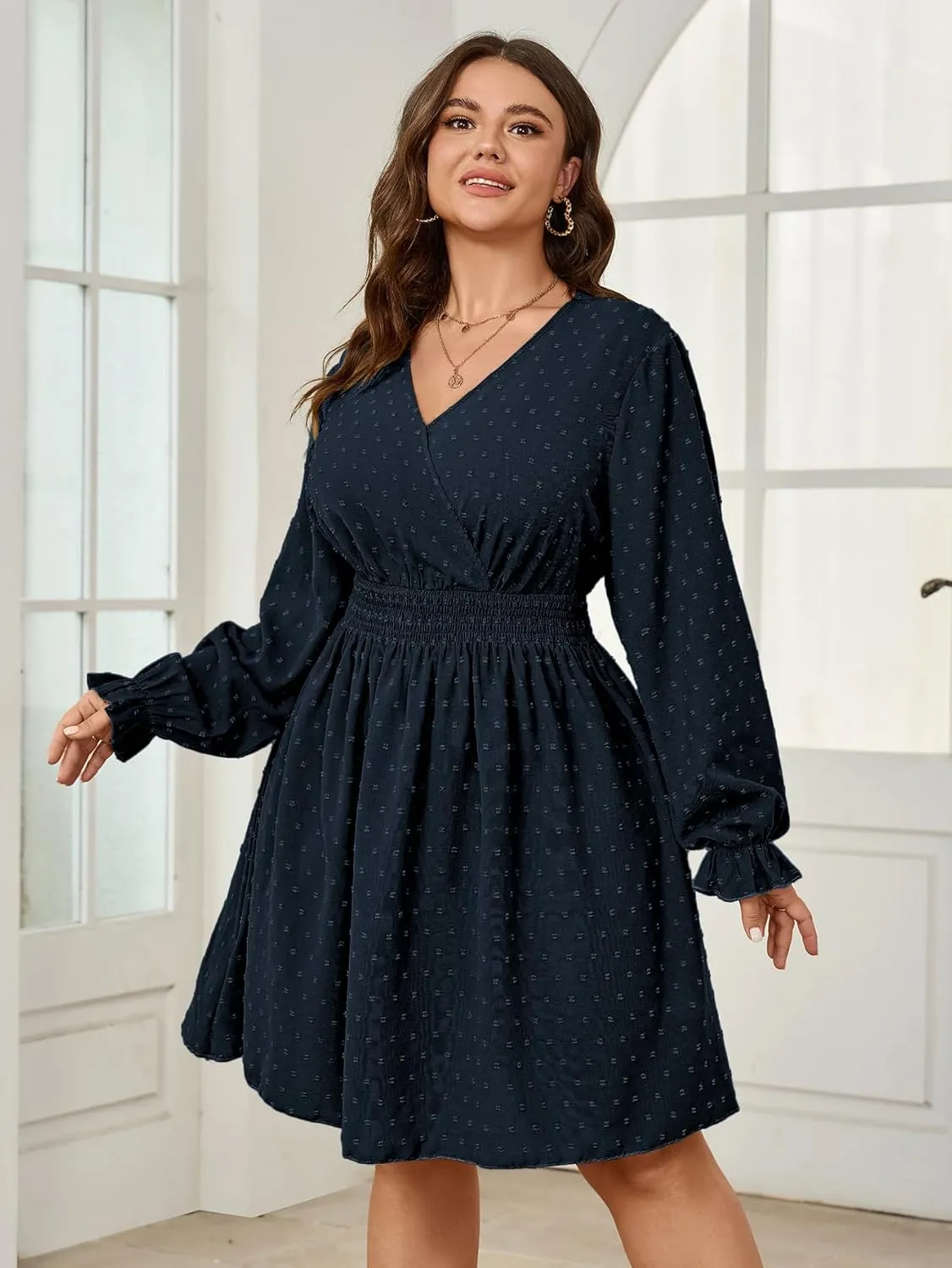 Plus Size Wrap Dress Casual Long Sleeve V Neck Swiss Dot Smocked Waist A Line Mini Dresses for Women