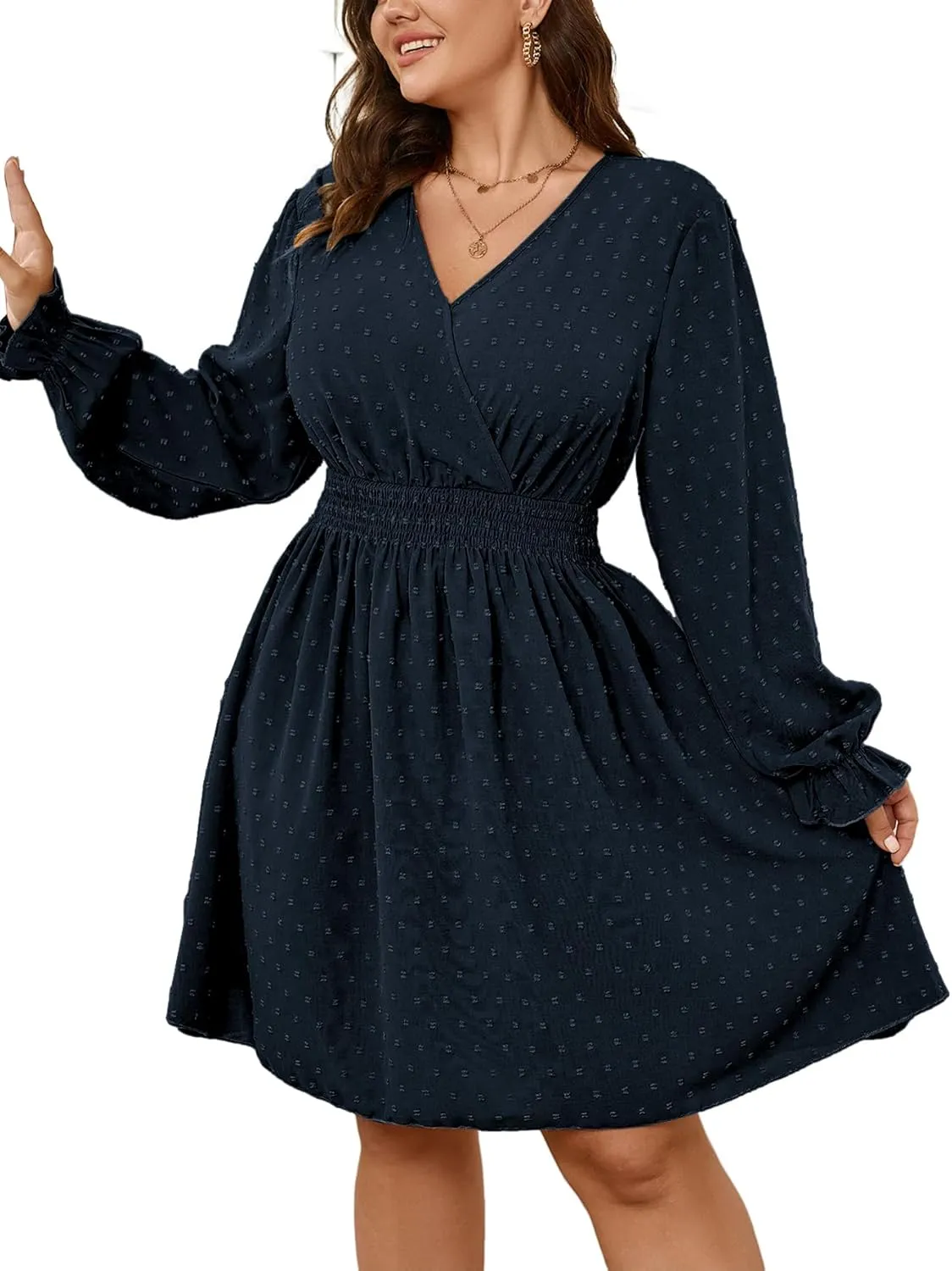 Plus Size Wrap Dress Casual Long Sleeve V Neck Swiss Dot Smocked Waist A Line Mini Dresses for Women