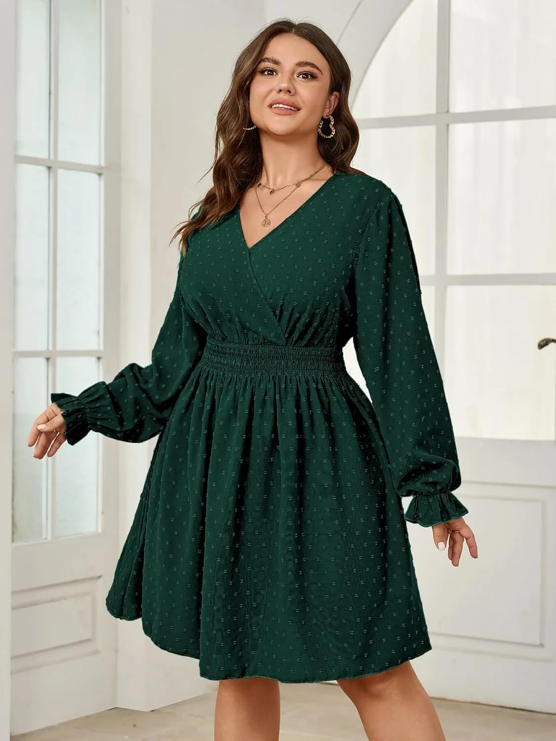 Plus Size Wrap Dress Casual Long Sleeve V Neck Swiss Dot Smocked Waist A Line Mini Dresses for Women