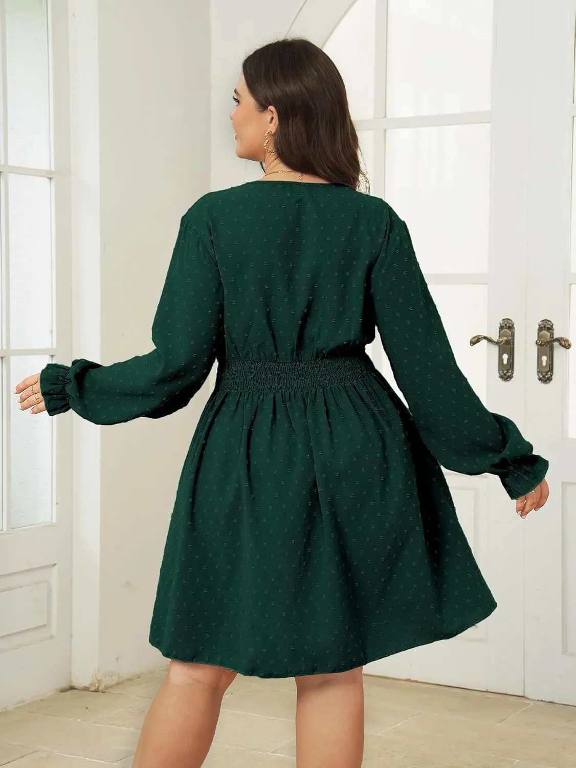 Plus Size Wrap Dress Casual Long Sleeve V Neck Swiss Dot Smocked Waist A Line Mini Dresses for Women