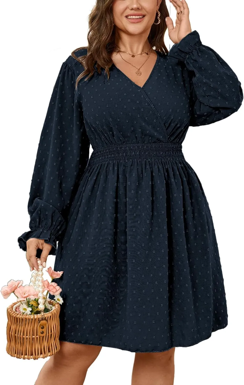 Plus Size Wrap Dress Casual Long Sleeve V Neck Swiss Dot Smocked Waist A Line Mini Dresses for Women