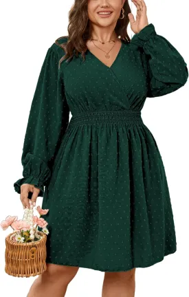 Plus Size Wrap Dress Casual Long Sleeve V Neck Swiss Dot Smocked Waist A Line Mini Dresses for Women